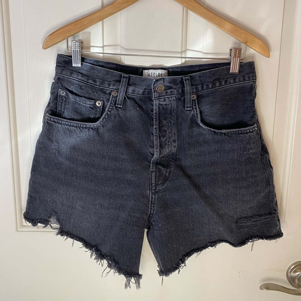 Agolde Black Distressed High-Rise Denim Shorts